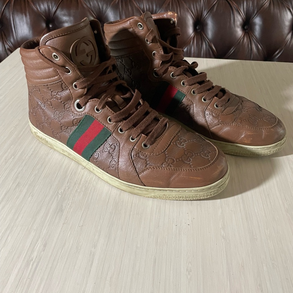 Gucci Brown Leather High-Top Sneakers